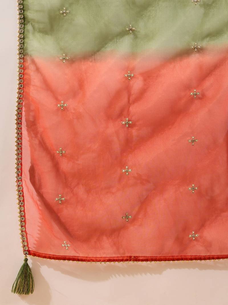 Women green silk blend embroidered a-line kurta sets