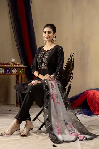 Black colour with embroidered work marin silk stitch for women