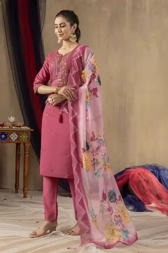 Pink colour with embroidered work marin silk stitch for women