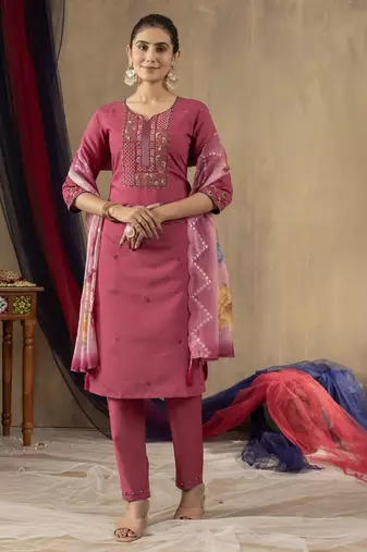 Pink colour with embroidered work marin silk stitch for women
