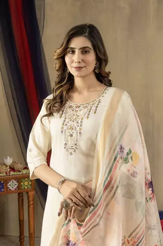 Cream colour with embroidered work shimmer gold silk stitch for women