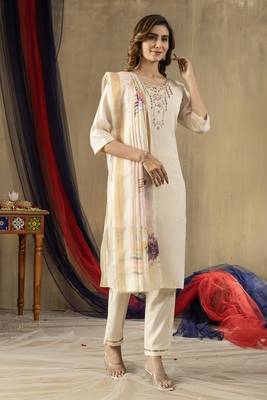 Cream colour with embroidered work shimmer gold silk stitch for women 3