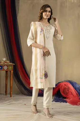 Cream colour with embroidered work shimmer gold silk stitch for women