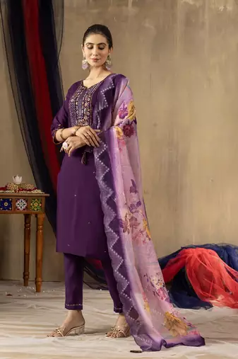 Purple colour with embroidered work marin silk stitch for women