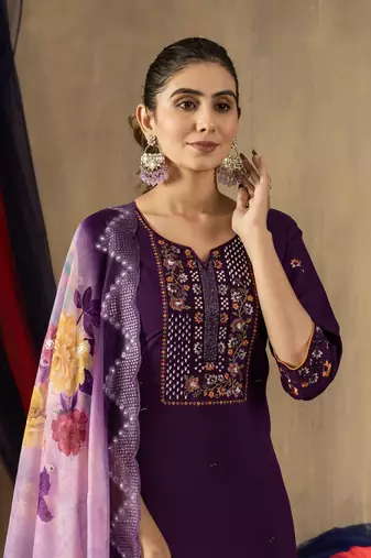 Purple colour with embroidered work marin silk stitch for women