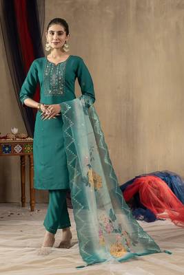 Teal colour with embroidered work marin silk stitch for women 1