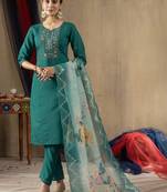 Teal colour with embroidered work marin silk stitch for women
