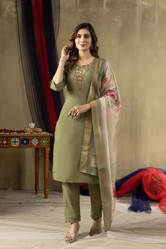 Green colour with embroidered work shimmer gold silk stitch for women