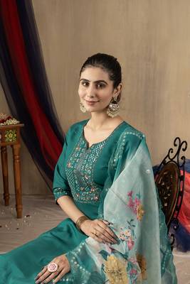 Teal colour with embroidered work marin silk stitch for women 2