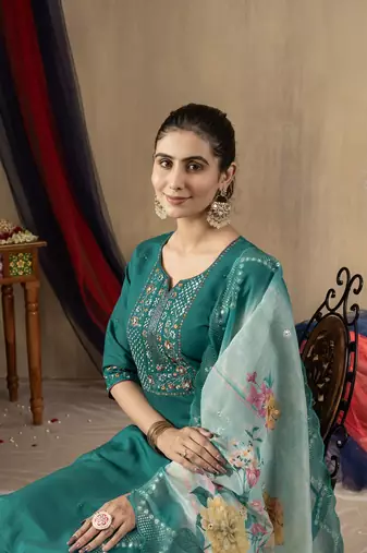 Teal colour with embroidered work marin silk stitch for women