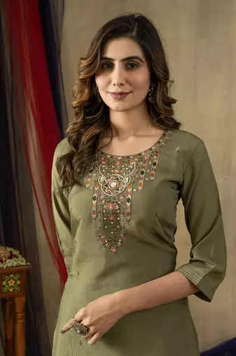 Green colour with embroidered work shimmer gold silk stitch for women