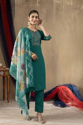 Teal colour with embroidered work marin silk stitch for women 3