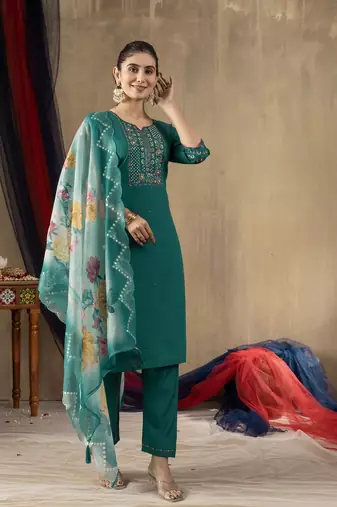 Teal colour with embroidered work marin silk stitch for women