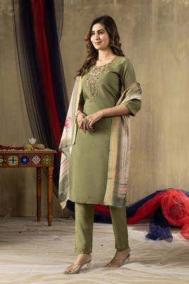 Green colour with embroidered work shimmer gold silk stitch for women 4