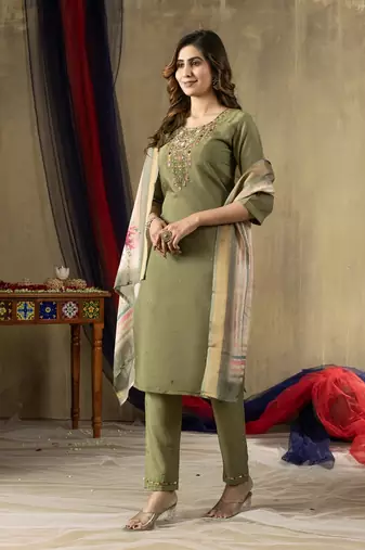 Green colour with embroidered work shimmer gold silk stitch for women