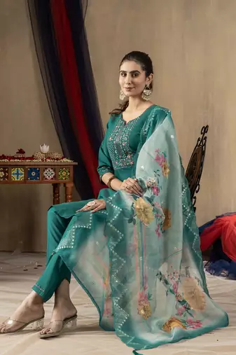 Teal colour with embroidered work marin silk stitch for women
