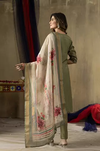 Green colour with embroidered work shimmer gold silk stitch for women
