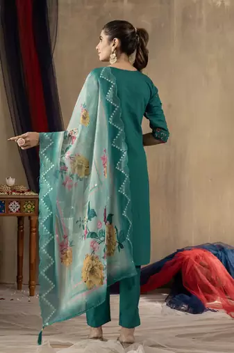 Teal colour with embroidered work marin silk stitch for women