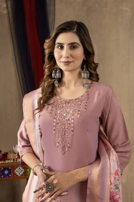 Onion pink colour with embroidered work shimmer gold silk stitch for women 2