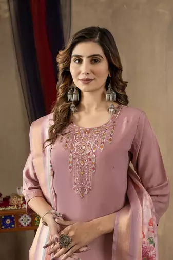 Onion pink colour with embroidered work shimmer gold silk stitch for women