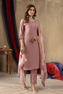 Onion pink colour with embroidered work shimmer gold silk stitch for women 3