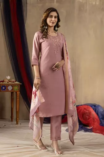 Onion pink colour with embroidered work shimmer gold silk stitch for women