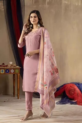 Onion pink colour with embroidered work shimmer gold silk stitch for women