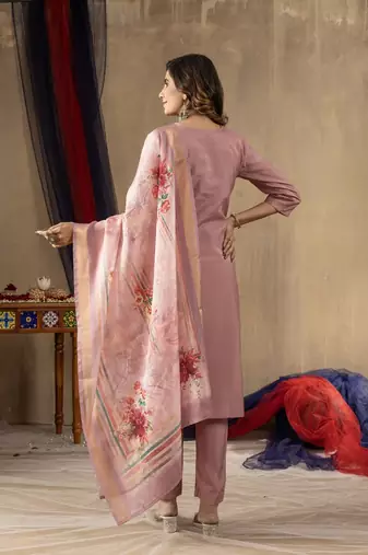 Onion pink colour with embroidered work shimmer gold silk stitch for women