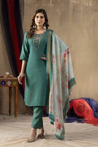 Teal pink colour with embroidered work shimmer gold silk stitch for women