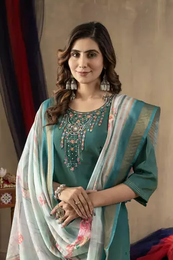 Teal pink colour with embroidered work shimmer gold silk stitch for women