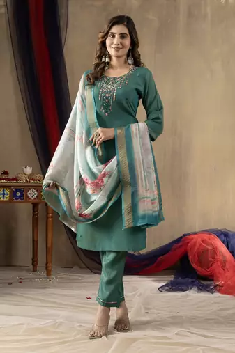 Teal pink colour with embroidered work shimmer gold silk stitch for women