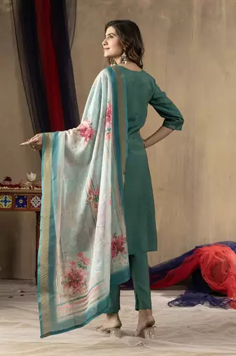Teal pink colour with embroidered work shimmer gold silk stitch for women