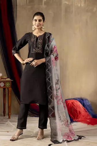 Black colour with embroidered work marin silk stitch for women