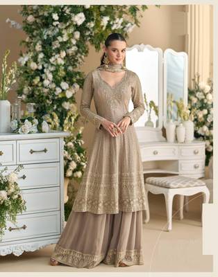beige embroidered silk readymade palazzo suit 1