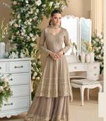 Cream embroidered silk readymade suit salwar suit(free size)