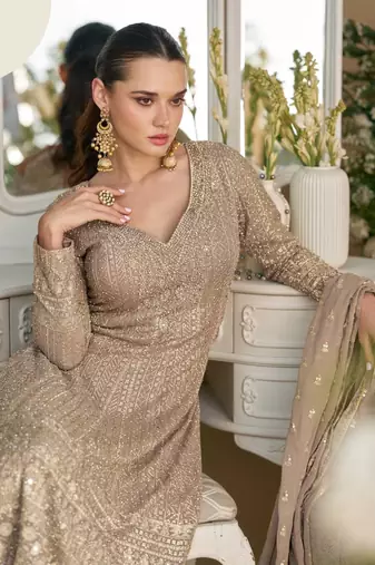 beige embroidered silk readymade palazzo suit