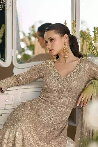 beige embroidered silk readymade palazzo suit