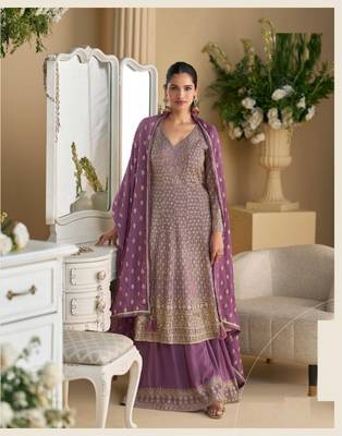 Lavender embroidered silk readymade suit palazzo suit(free size) 1