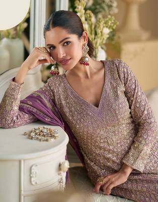 Lavender embroidered silk readymade suit palazzo suit(free size) 2