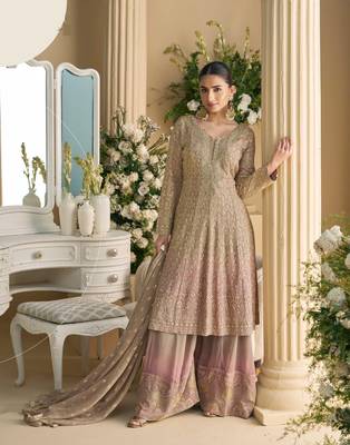 Cream embroidered silk readymade suits palazzo suit(free size) 1