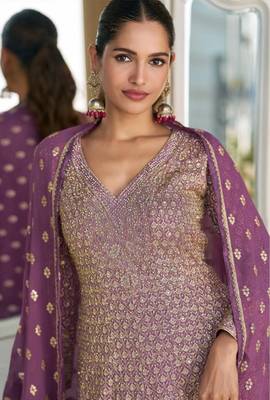 Lavender embroidered silk readymade suit palazzo suit(free size) 3