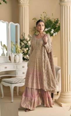 Cream embroidered silk readymade suits palazzo suit(free size) 3