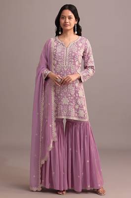 Pink embroidered faux georgette palazzo style salwar suit 1