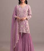 Pink embroidered faux georgette semi-palazzo style salwar suit