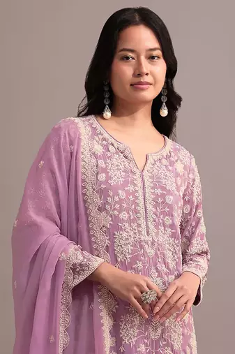 Pink embroidered faux georgette palazzo style salwar suit