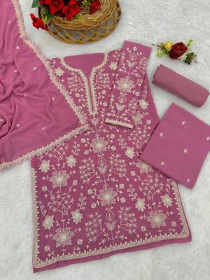 Pink embroidered faux georgette palazzo style salwar suit 3