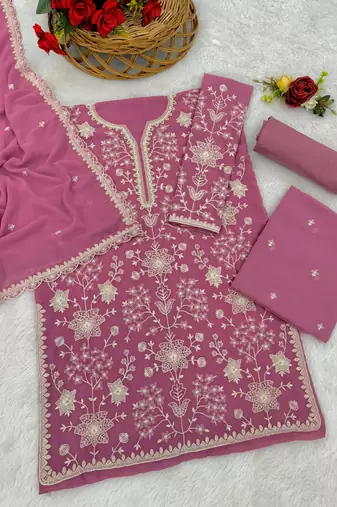 Pink embroidered faux georgette palazzo style salwar suit