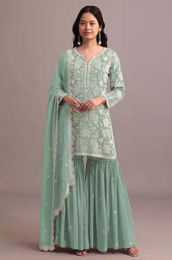 Green embroidered faux georgette semi-palazzo style salwar suit