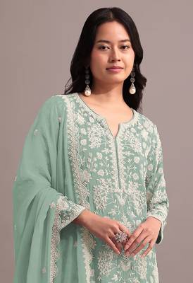Green embroidered faux georgette palazzo style salwar suit 2