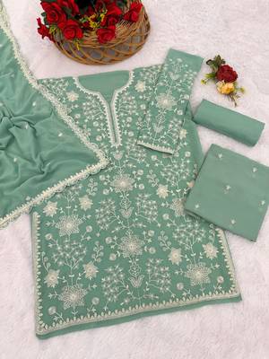 Green embroidered faux georgette palazzo style salwar suit 3